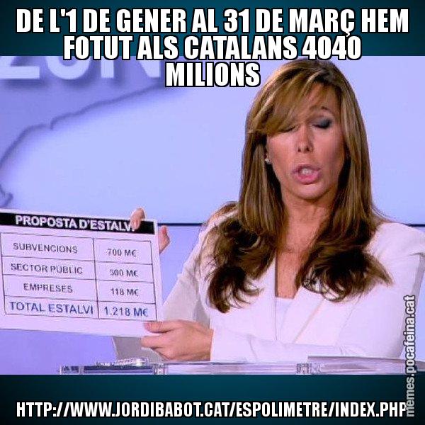 DE L'1 DE GENER AL 31 DE MARÇ HEM FOTUT ALS CATALANS 4040 MILIONS HTTP://WWW.JORDIBABOT.CAT/ESPOLIMETRE/INDEX.PHP - Alícia Paper i Suma