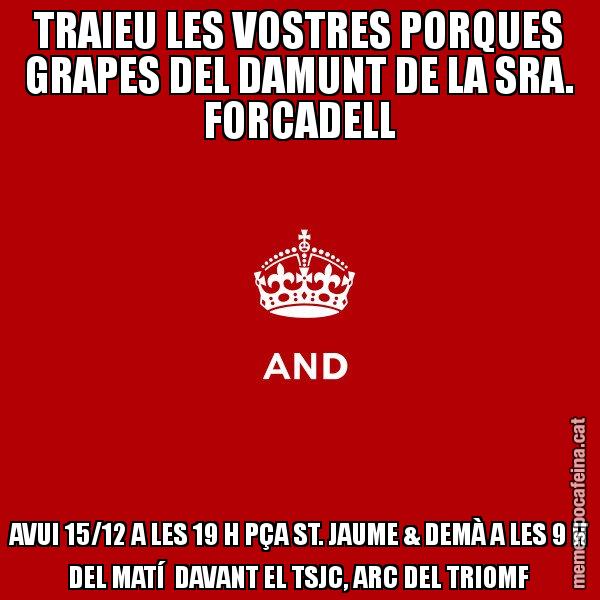 TRAIEU LES VOSTRES PORQUES GRAPES DEL DAMUNT DE LA SRA. FORCADELL AVUI 15/12 A LES 19 H PÇA ST. JAUME & DEMÀ A LES 9 H DEL MATÍ  DAVANT EL TSJC, ARC DEL TRIOMF - Keep