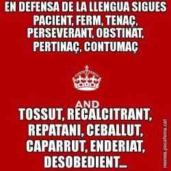 EN DEFENSA DE LA LLENGUA SIGUES PACIENT, FERM, TENAÇ, PERSEVERANT, OBSTINAT, PERTINAÇ, CONTUMAÇ TOSSUT, RECALCITRANT, REPATANI, CEBALLUT, CAPARRUT, ENDERIAT, DESOBEDIENT...