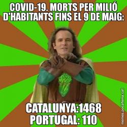 COVID-19. MORTS PER MILIÓ D'HABITANTS FINS EL 9 DE MAIG: CATALUNYA:1468 PORTUGAL: 110