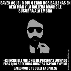 SAVEN AQUEL Q DIU Q ERAN DOS BALLENAS EN ALTA MAR Y LA BALLENA MACHO LE SUSURRA ALA EMBRA -ES INCREIBLE MILLONES DE PERSONAS LUCHADO PARA Q NO SE EXTINGA NUESTRA ESPECIE Y OY ME SALES CON Q TE DUELE LA CABEZA