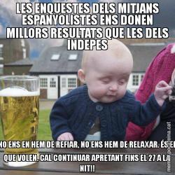 LES ENQUESTES DELS MITJANS ESPANYOLISTES ENS DONEN MILLORS RESULTATS QUE LES DELS INDEPES NO ENS EN HEM DE REFIAR, NO ENS HEM DE RELAXAR. ÉS EL QUE VOLEN. CAL CONTINUAR APRETANT FINS EL 27 A LA NIT!!