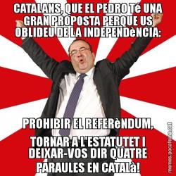 CATALANS, QUE EL PEDRO Té UNA GRAN PROPOSTA PERQUE US OBLIDEU DE LA INDEPENDèNCIA: PROHIBIR EL REFERèNDUM, TORNAR A L'ESTATUTET I DEIXAR-VOS DIR QUATRE PARAULES EN CATALà!