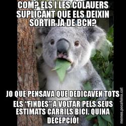 COM? ELS I LES COLAUERS SUPLICANT QUE ELS DEIXIN SORTIR JA DE BCN? JO QUE PENSAVA QUE DEDICAVEN TOTS ELS “FINDES” A VOLTAR PELS SEUS ESTIMATS CARRILS BICI. QUINA DECEPCIÓ!