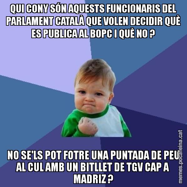 QUI CONY SÓN AQUESTS FUNCIONARIS DEL PARLAMENT CATALÀ QUE VOLEN DECIDIR QUÈ ES PUBLICA AL BOPC I QUÈ NO ? NO SE'LS POT FOTRE UNA PUNTADA DE PEU AL CUL AMB UN BITLLET DE TGV CAP A MADRIZ ? - Success Kid