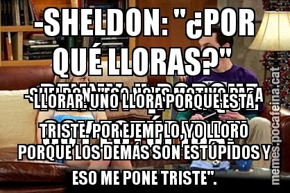 -SHELDON: "¿POR QUÉ LLORAS?" -PENNY: "¡PORQUE SOY ESTÚPIDA!" -SHELDON: "ESO NO ES MOTIVO PARA LLORAR. UNO LLORA PORQUE ESTÁ TRISTE. POR EJEMPLO, YO LLORO PORQUE LOS DEMÁS SON ESTÚPIDOS Y ESO ME PONE TRISTE".