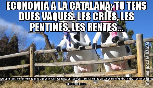ECONOMIA A LA CATALANA: TU TENS DUES VAQUES. LES CRIES, LES PENTINES, LES RENTES... EN TENS GRAN CURA, VAJA. ESPANYA TE LES FOT, LES DÓNA AL VEÍ QUE NOMÉS EN TÉ UNA. ET DIU INSOLIDARI I NO ET DEIXA COMPRAR-NE MÉS. I A MÉS, ET COBRA LA LLET QUE TU MATEIX PRODUEIXES!!!