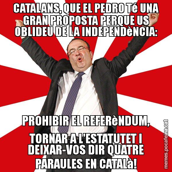 CATALANS, QUE EL PEDRO Té UNA GRAN PROPOSTA PERQUE US OBLIDEU DE LA INDEPENDèNCIA: PROHIBIR EL REFERèNDUM, TORNAR A L'ESTATUTET I DEIXAR-VOS DIR QUATRE PARAULES EN CATALà! - Miquel Iceta - 27S